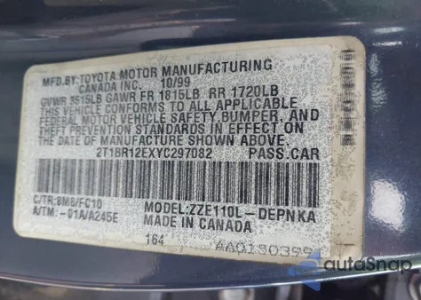 2000 Toyota Corolla Le z USA, uszkodzony, nr VIN 2T1BR12EXYC297082